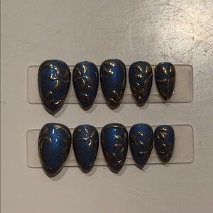 Metallic Blue Press-On Nails with Gold Leaf Accents